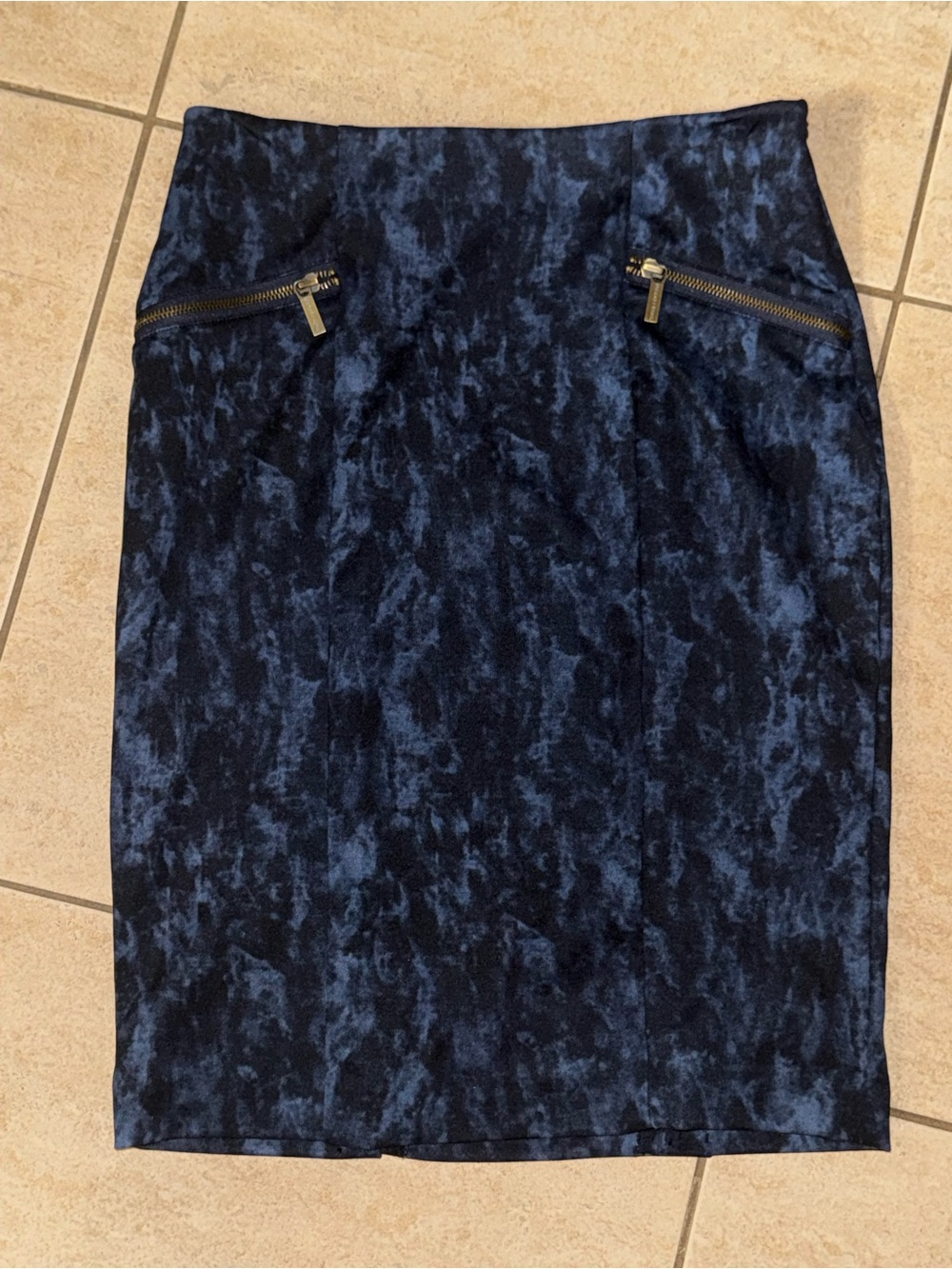 Michael Kors Navy Marble-Print Pencil Skirt with Gold Zippers